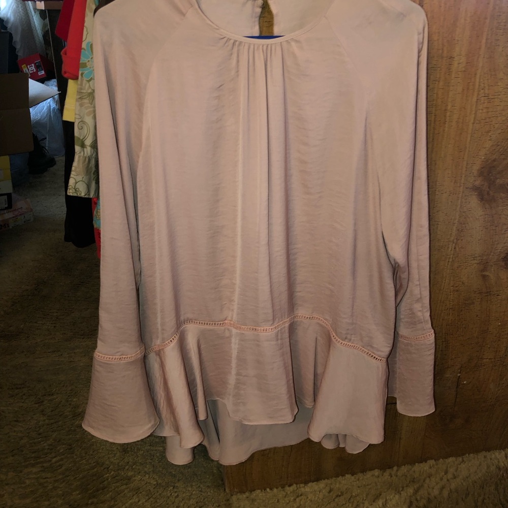 Pink 3/4 Sleeve Pleated Peplum Blouse with Mandarin Collar